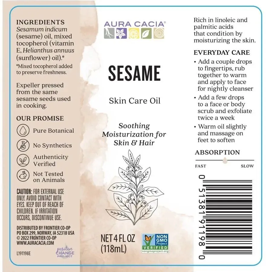 Aura Cacia Natural Skin Care Sesame Oil 4 oz Liquid