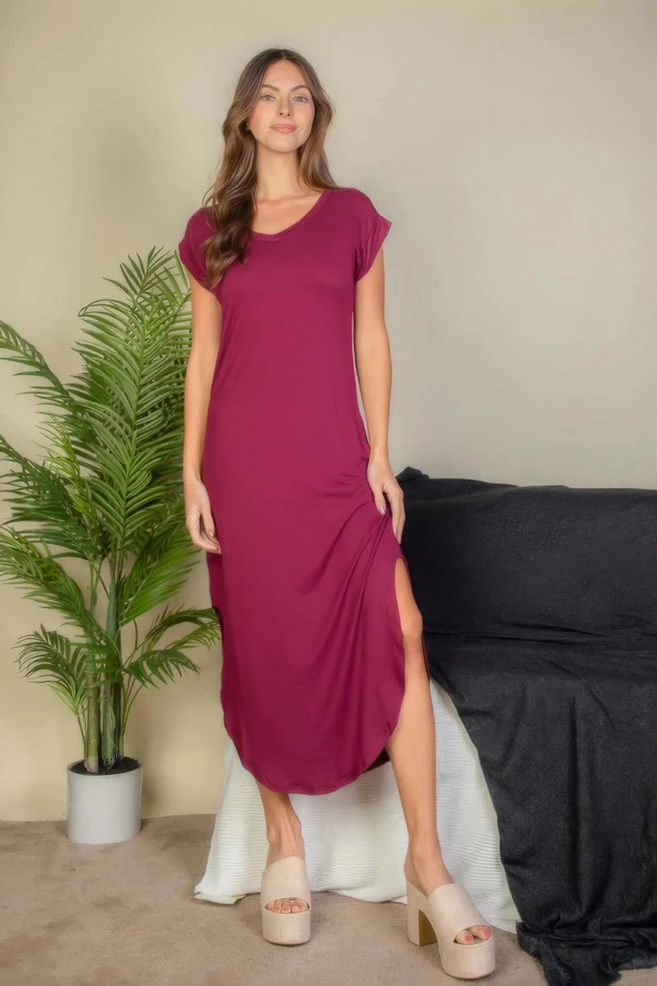 Hidden Pocket Batwing Sleeve V Neck Long Dress