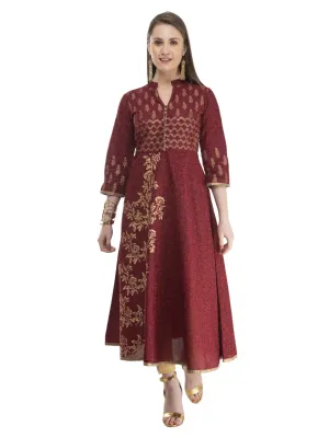 Women Maroon Festive Ajrakh Hand Block Cotton Printed Anarkali