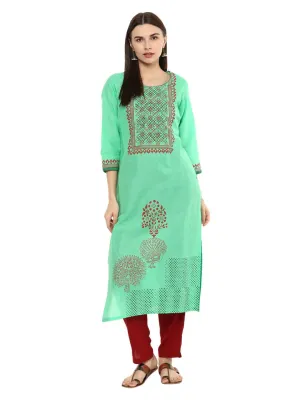 Women Pista Green Ajrakh Hand Block Cotton Printed Straight Kurta - Noor